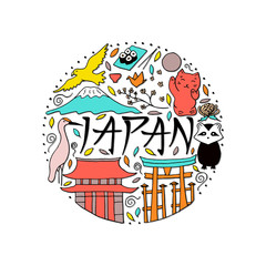 Hand drawn symbols of Japan. Japanese culture and architecture.