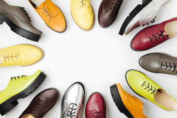 Stylish female spring or autumn shoes in various colors. Beauty and fashion concept. Flat lay, top view