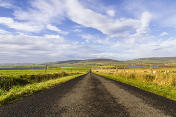 Fototapeta na wymiar Long straight road with open fields to the sides, Orkney Island, Scotland, United Kingdom.