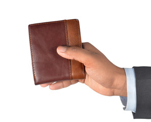 Hand with folded leather wallet isolated on white background