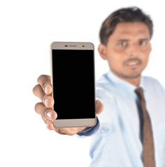 Man holding blank screen smartphone professionally isolated on white background