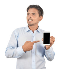 Man holding smartphone with  blank screen professionally isolated on white background