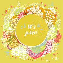 Vector circle frame on contrast background, made of doodle flowers.