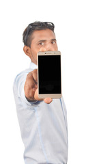 Man holding smartphone with  blank screen professionally isolated on white background