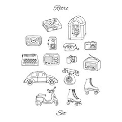 Vector retro set with antique tech, car, scooter, juke box, radio, typewriter, roller skates, cameras and vinyl record player. Hand drawn collection of vintage objects. - 198491319