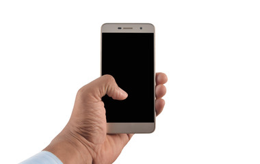 Hand holding blank screen smartphone isolated on white background professionally
