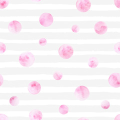 Vector polka dot seamless pattern on the stripped background. Pink circles and gray strokes.
