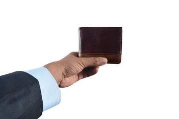 Hand with empty wallet has no money isolated on white background