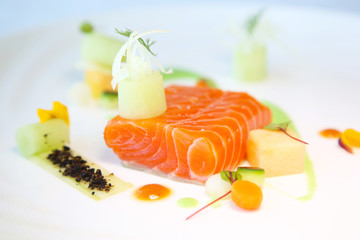 Exquisite salmon dish, creative restaurant meal concept, haute couture food