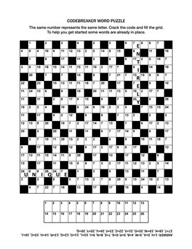 Puzzle page with codebreaker (codeword, code cracker) word game or crossword puzzle. General knowledge, some words already in place, medium level. Answer included.
