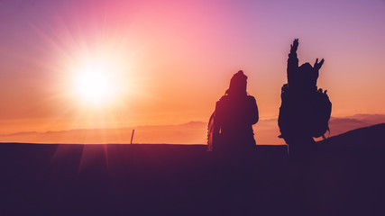Lover women and men Asian travel nature. Travel relax. Natural Touch countryside. On the Moutain. Stand watch the sun rise. Thailand