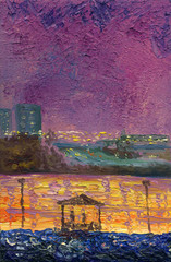 Spring night on the shore of the city lake.Oil painting. Purple and orange color scheme. Arbor and Couple in Love. In the background there are lights of the city and melting ice of the lake.