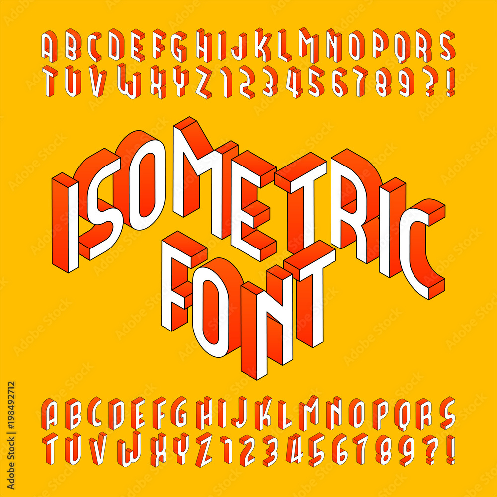 Fototapete isometric alphabet font. 3d effect outline letters, numbers and symbols. stock vector typeset for an