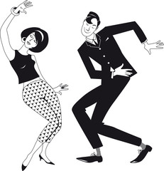 Mod couple dressed in early 1960s fashion dancing the Twist, EPS 8 black vector silhouette, no white objects