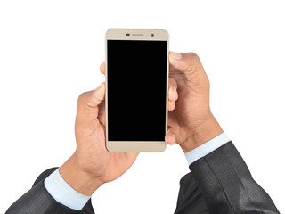 Hand holding blank screen smartphone isolated on white background professionally