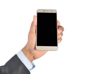 Hand holding blank screen smartphone isolated on white background professionally