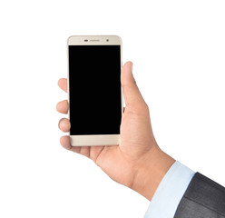 Hand holding blank screen smartphone isolated on white background professionally