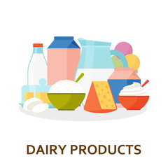 Dairy products background in flat style. Vector illustration.