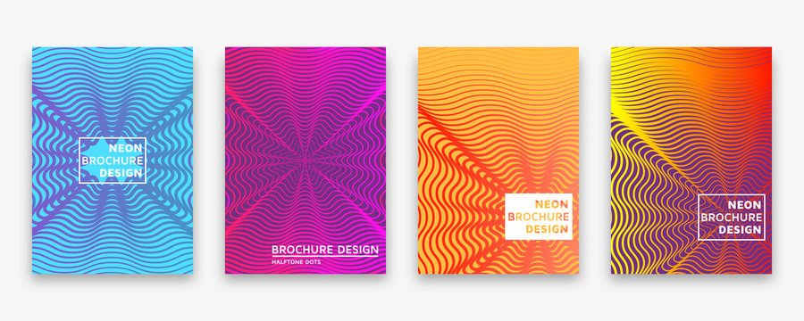 Brochure design with halftone wave lines and neon gradients. Vector illustration.