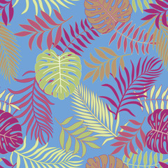 Tropical background with palm leaves. Seamless floral pattern. Summer vector illustration