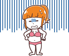 太って水着がパツパツになった女性のイラスト