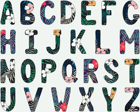 English alphabet. Capital letters. Hand drawn tropical font