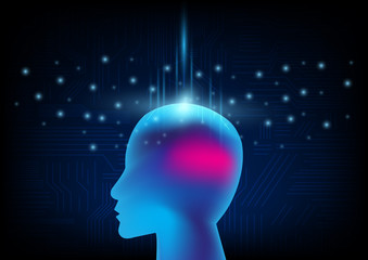 Virtual human on business and learning with electronic cyberspace as background. Vector illustration.