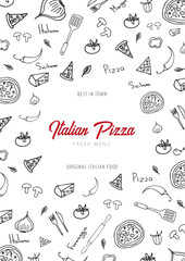 Pizza food menu for restaurant and cafe. Design template with hand-drawn graphic elements in doodle style. Vector Illustration