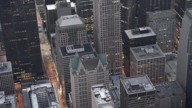 Chicago aerial view of building density in the Chicago Loop at dusk