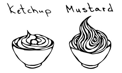 Small White Bowl of Red Tomato Ketchup and Mustard. Sauce Italian Cuisine, Pizza, Fast Food and Beer Snacks like French Fries or Potato Chips. Realistic Hand Drawn Illustration. Savoyar Doodle Style.
