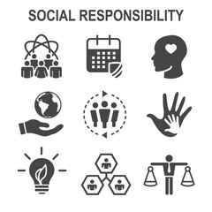 Social Responsibility Solid Icon Set w Honesty, integrity, & collaboration, etc