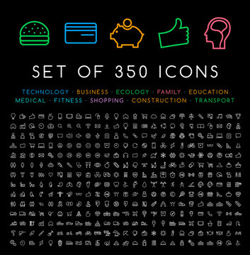Set of 350 Modern Thin Stroke Colored Icons  ( Multimedia Business Ecology Education Family Medical Fitness Shopping Construction Travel Hotel )