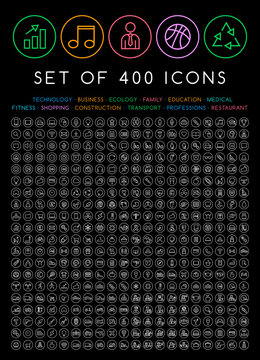 400 Universal Thin Line Black Icons on Circular Buttons ( Business , Multimedia, Education, Ecology, Medical, Fitness, Family, Construction, Transport, Professions, Travel, Restaurant, Hotel )