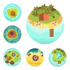 Cartoon tropical exotic island in ocean top view exotic lagoon map caribbean aerial sprite seascape tourism paradise coast vector illustration.