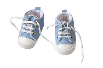 Blue first baby shoes isolated on white background