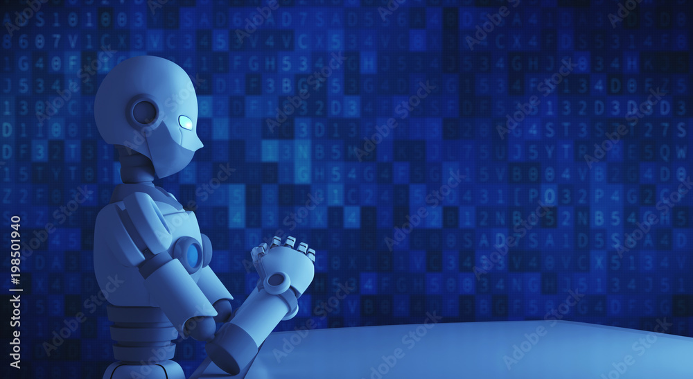  robot sitting in front of empty table with data code, artificial intelligence in futuristic technolo