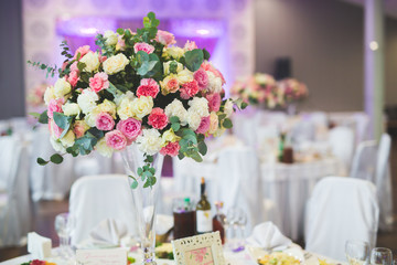 Interior of a restaurant prepared for wedding ceremony