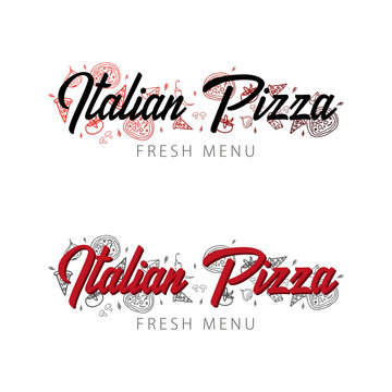 Pizza food logo or emblem for restaurant and cafe. Design with hand-drawn graphic elements in doodle style. Vector Illustration
