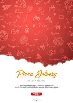 Pizza food menu for restaurant and cafe. Poster with hand-drawn graphic elements in doodle style. Vector Illustration