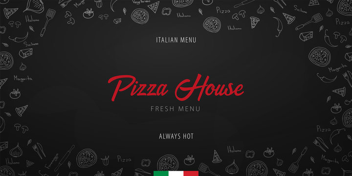 Pizza food menu for restaurant and cafe. Design banner with hand-drawn graphic elements in doodle style. Vector Illustration