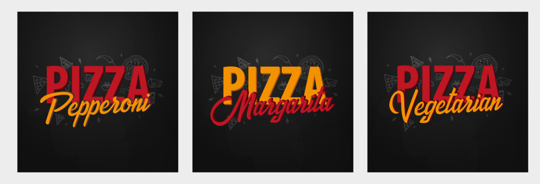 Set of Pizza food menu for restaurant and cafe. Design with hand-drawn graphic elements in doodle style. Vector Illustration