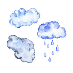 Set of pastel blue clouds and rain drops isolated on white background. Hand drawn watercolor illustration.
