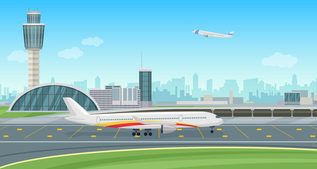 Airport Terminal building with aircraft taking off. Vector airport landscape.