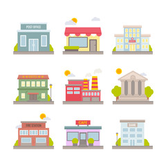 Collection of colorful vector flat city buildings for web design and illustration