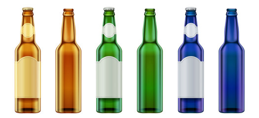 Vector Realistic blank green, yellow and blue glass beer bottle design set.