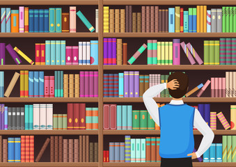 Young man chooses a book in the library. Vectror illustration.