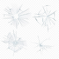 Vector Cracked crushed realistic glass set on the transperant alpha background. Bullet glass hole.