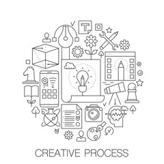 Fototapeta na wymiar Creative process in circle - concept line illustration for cover, emblem, badge. Creativity thin line stroke icons set.