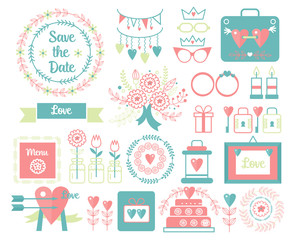 Vector vintage set of decorative cute wedding elements and hand drawn icons illustrations. Floral doodles, leaves, branches, flowers, birds, laurels, banners and frames.