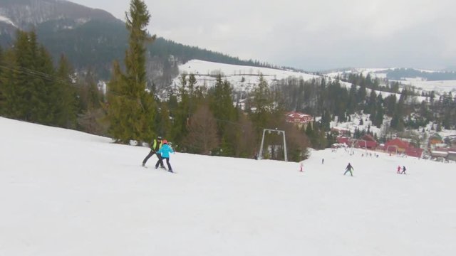 Skiing on Mount Magura, in Transcarpathia. Shooting on action camera, slow motion